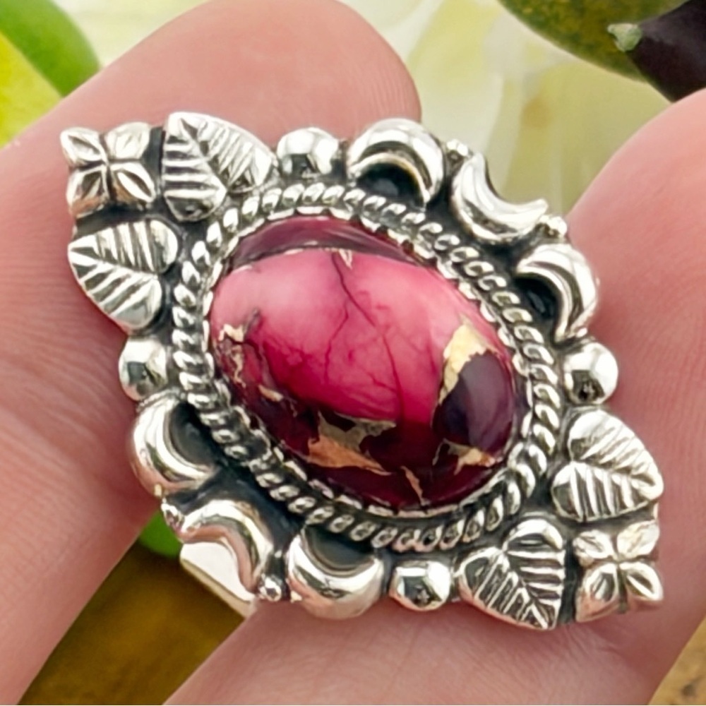 Rose Red Dahlia Turquoise Navajo Style Ring Size 9 Pure Sterling Silver 925 New